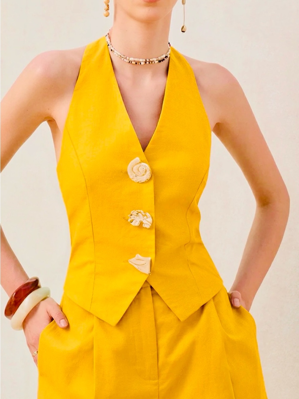 Commense NWT M Linen Yellow Set Halter Waist Vest & Tailored Short - Women Sets